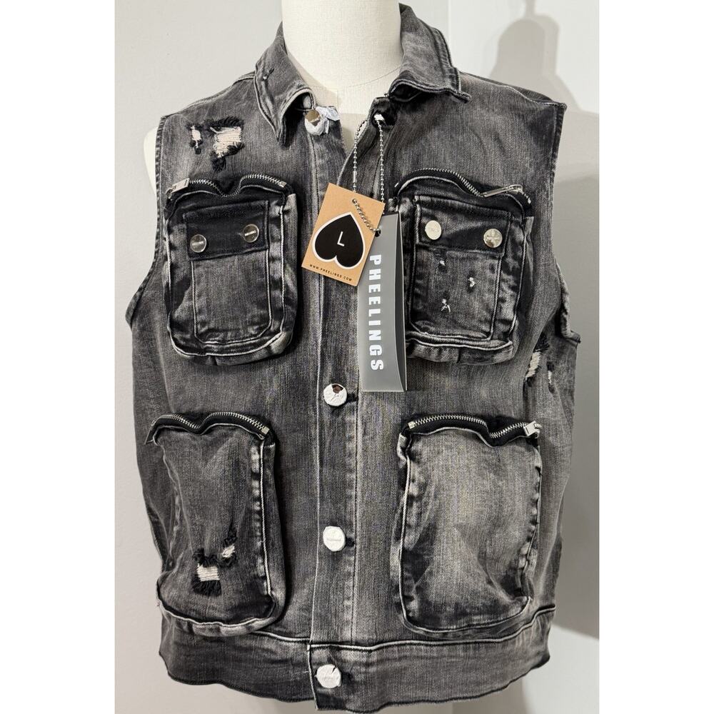 New PHEELINGS PROTECT YOUR ENERGY CARGO VEST Black Jean Jean Size Large NWT $120